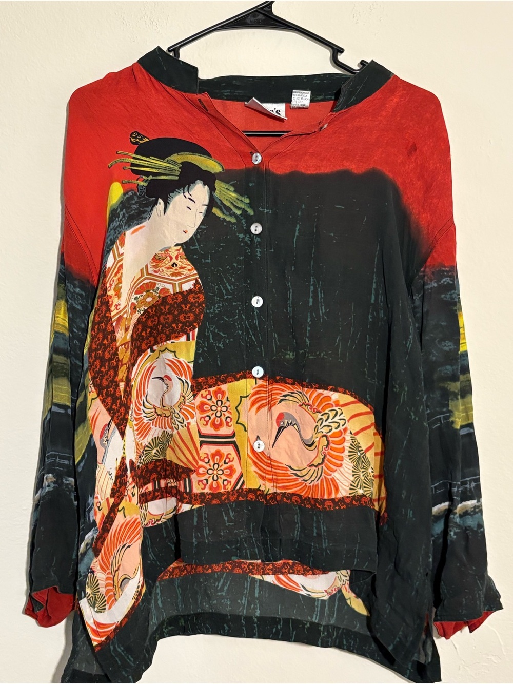Vintage Chico’s Design 100% Silk Asian Geisha Art Print Blouse Size 3 XL